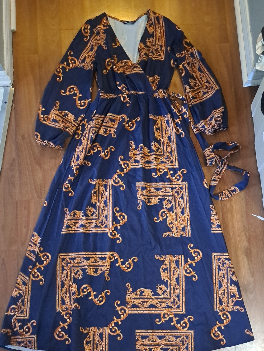 Navy Maxi Dress with Gold Baroque Print